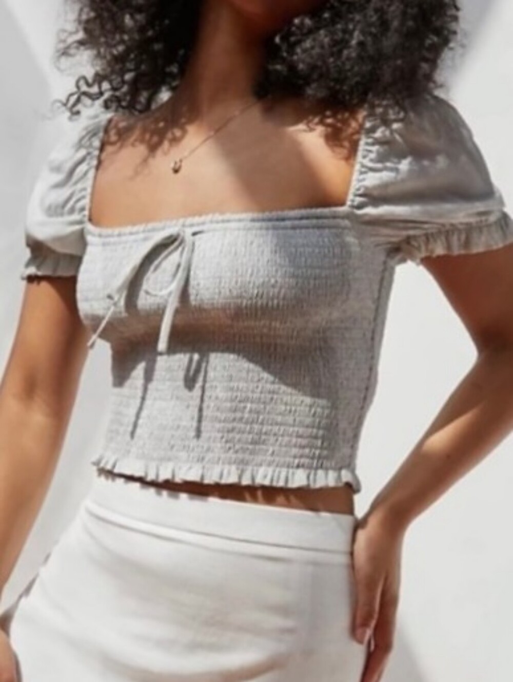 Aritzia Wilfred Smocked Blouse Top Milkmaid Tube Square Neck Puff Sleeve Gray M